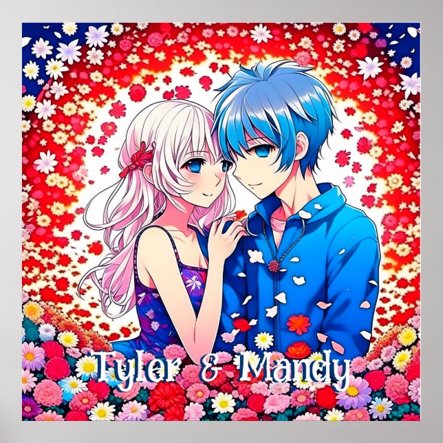Póster Pareja anime, flores personalizadas (Frente)