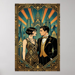 Póster Pareja Art Déco El Gran Gatsby Silueta Ciud