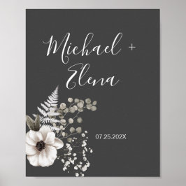 Póster Pareja Boda floral gris oscuro y blanco