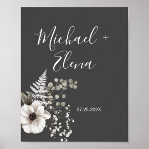 Póster Pareja Boda floral gris oscuro y blanco