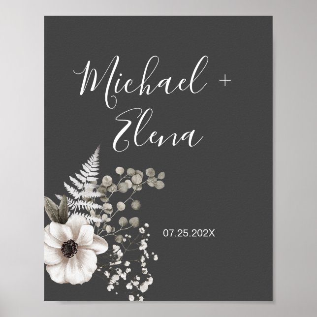 Póster Pareja Boda floral gris oscuro y blanco (Frente)
