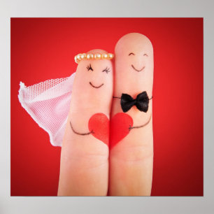 Póster pareja boda hecha con los dedos, divertido lindo