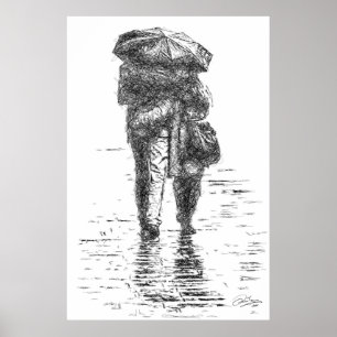 Póster Pareja caminando bajo la lluvia