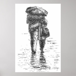 Póster Pareja caminando bajo la lluvia