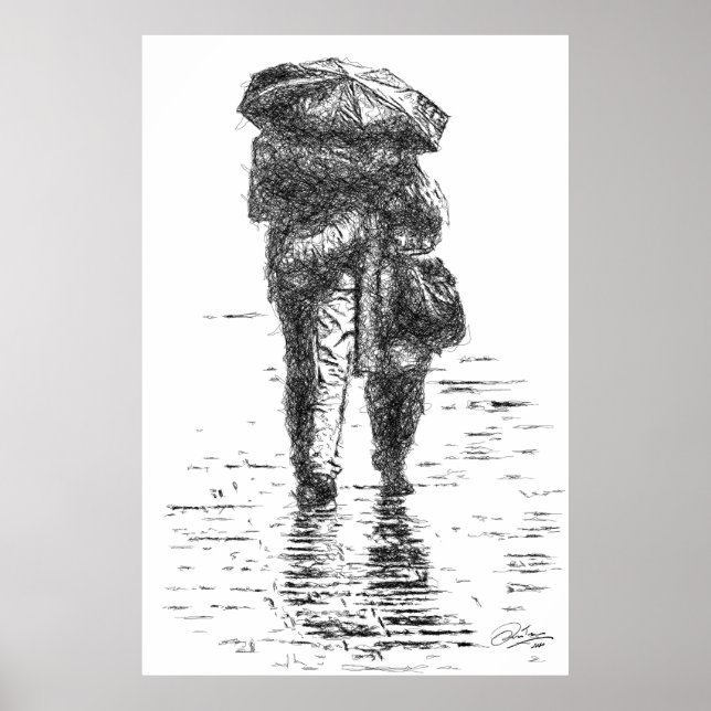 Póster Pareja caminando bajo la lluvia (Frente)