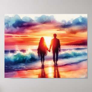 Póster Pareja Caminando Por La Playa