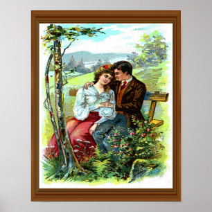 Póster Pareja de amor Vintage Hugging Bench Floral