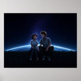 Póster Pareja de anime romántico sentada bajo el cosmos e