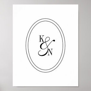 Póster Pareja de Boda con Monograma Inicial Blanco Negro 