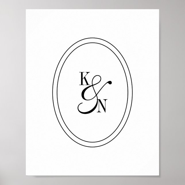 Póster Pareja de Boda con Monograma Inicial Blanco Negro  (Frente)