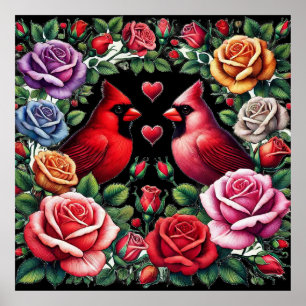Póster Pareja de cardenales entre vibrantes Rosas