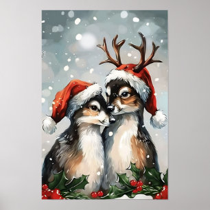 Póster Pareja de ciervos vintage Feliz Navidad