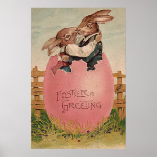 Póster Pareja de conejos de Pascua besándose huevo pintad