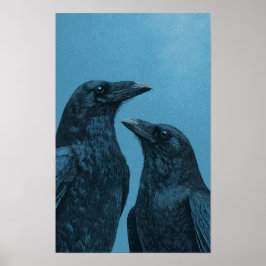 Póster Pareja de cuervos sobre fondo azul