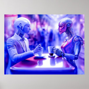 Póster Pareja de Cyborgs comiendo bebidas en café calleje