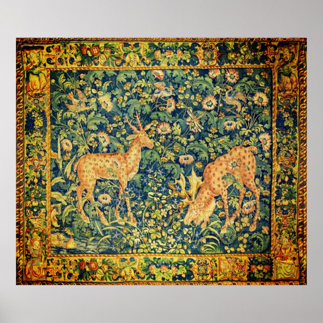 Póster PAREJA DE DEER CAÍDA,FLORES DE FANTASÍA GÓTICA,Ver (Frente)