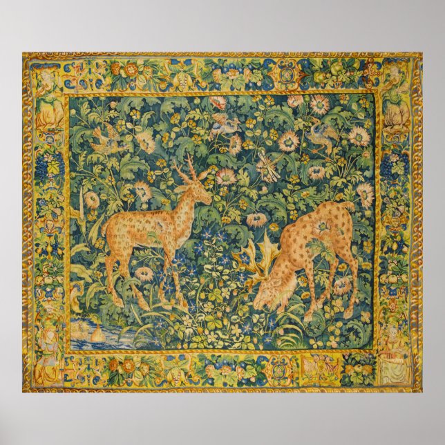 Póster PAREJA DE DEER CAÍDA,FLORES DE FANTASÍA GÓTICA,Ver (Frente)