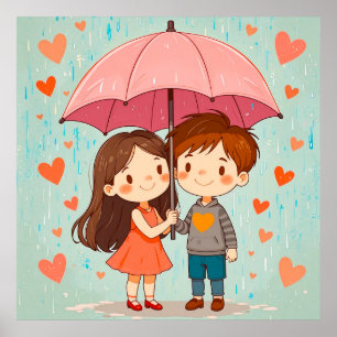 Póster Pareja de dibujos animados sonriendo bajo paraguas