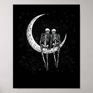 Póster Pareja De Esqueleto En La Luna Diversión Halloween
