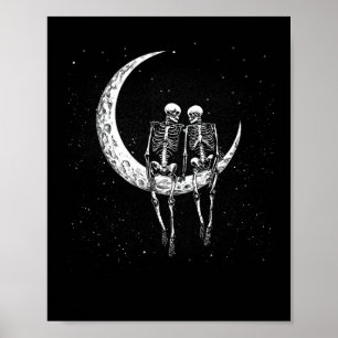 Póster Pareja De Esqueleto En La Luna Divertido Halloween