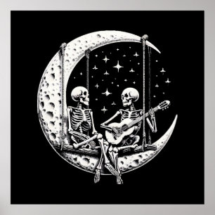 Póster Pareja de esqueletos guitarra lunar