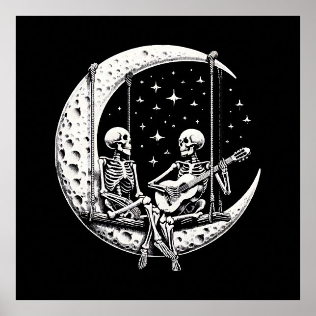 Póster Pareja de esqueletos guitarra lunar (Frente)