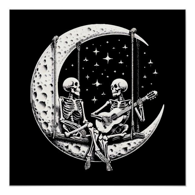 Póster Pareja de esqueletos guitarra lunar (Anverso)