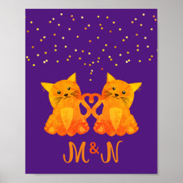 Póster Pareja de gatitos naranjas morados lindos con mono