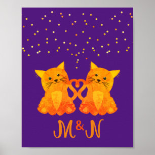 Póster Pareja de gatitos naranjas morados lindos con mono