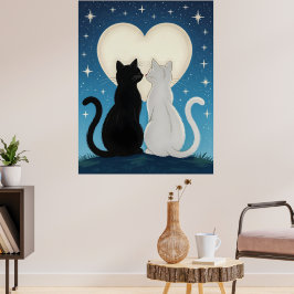 Póster Pareja de gatos enamorados bajo la luna
