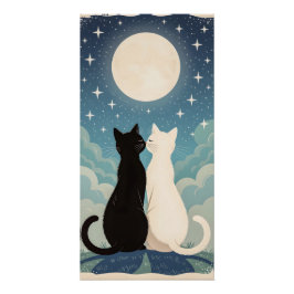 Póster Pareja de gatos enamorados besándose bajo la luna
