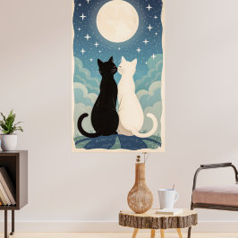 Póster Pareja de gatos enamorados besándose bajo la luna