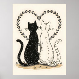 Póster Pareja de gatos enamorados del corazón floral