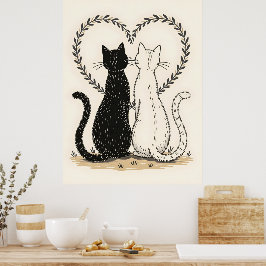 Póster Pareja de gatos enamorados del corazón floral