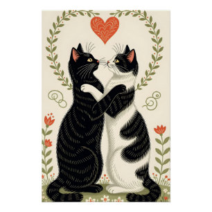 Póster Pareja de gatos enamorados del corazón floral
