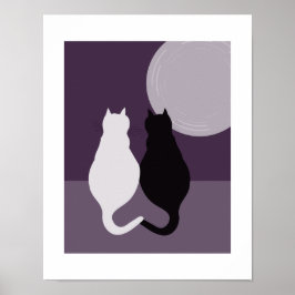 Póster Pareja de gatos negros y blancos lindos noche púrp