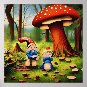 Póster Pareja de Gnomo del Bosque Caprichoso con Hongo