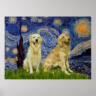 Póster Pareja de Golden Retriever 3 - Noche estrellada