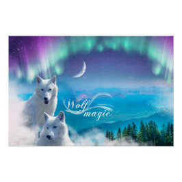 Póster Pareja de lobos blancos con luces del norte