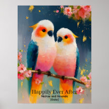 Pareja de loros personalizada "Felices para siempr