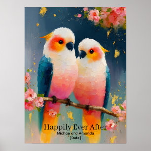 Póster Pareja de loros personalizada "Felices para siempr