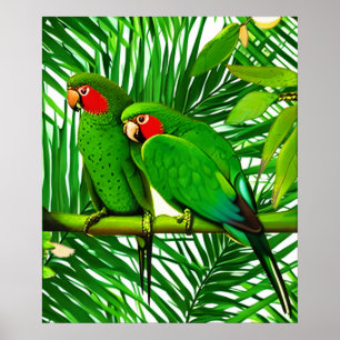 Póster Pareja de Loros Verdes en un Entorno de Jungla