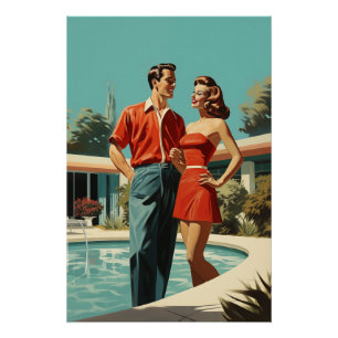 Póster Pareja de los años 50 junto a la piscina
