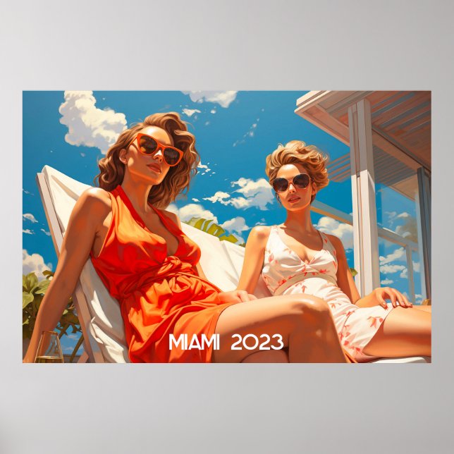Póster Pareja de mujeres en una terraza de Miami (Frente)
