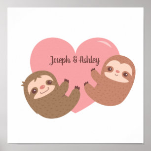 Póster Pareja de Perezosos Adorables Abrazando un Corazón
