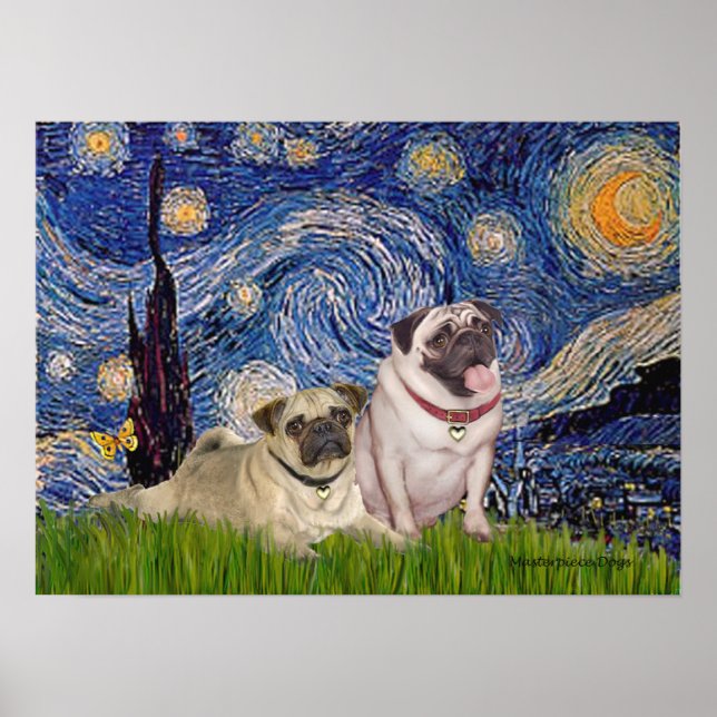 Póster Pareja de Pug (leonado) - Noche estrellada (Frente)