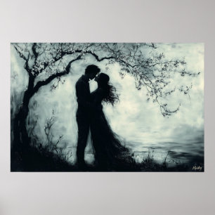 Póster Pareja de Silueta Romántica Bajo el Árbol Monocrom