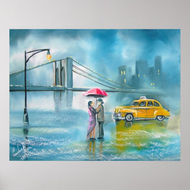 Póster pareja de taxis amarillos que llueve día pareja ro (Frente)