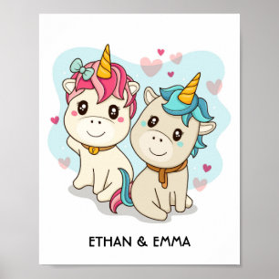 Póster Pareja de unicornios lindos personalizados para el