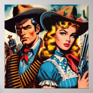 Póster Pareja del Salvaje Oeste Cómics Retro